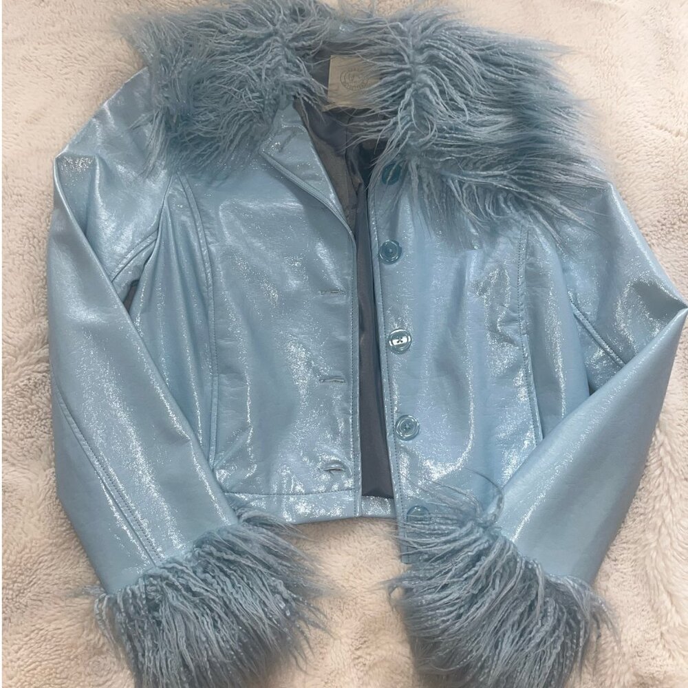Urban Outfitters Mia Faux Fur Trim Jacket Pleather S Blue Vegan Patent Leather